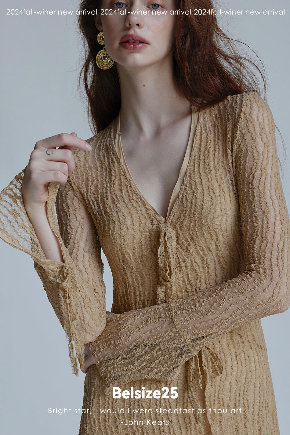 Trumpet dress Flared sleeve knit lace sheer tie dress
