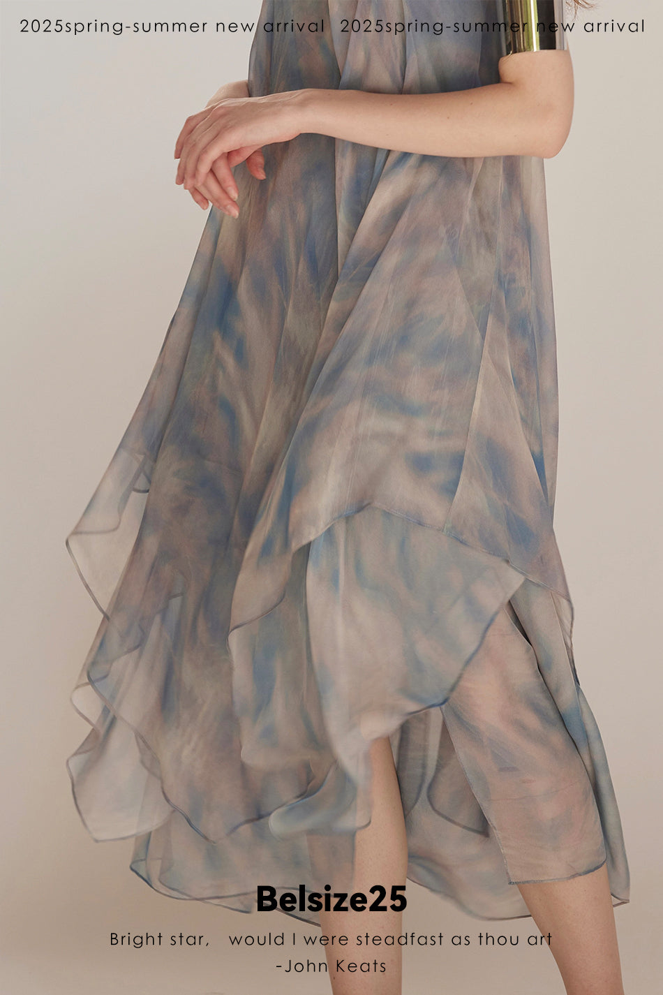 Lumen Printing Airy Blue Double-layered hem silk exclusive print resort dress