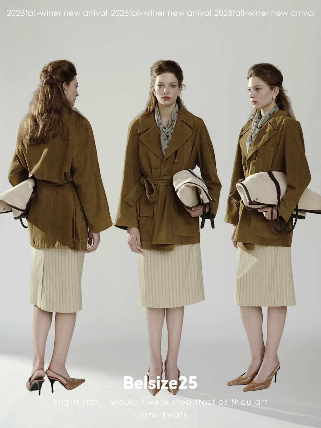 Pure goatskin hunting belted coat, pine cone green with a large lapel, soft and delicate texture.