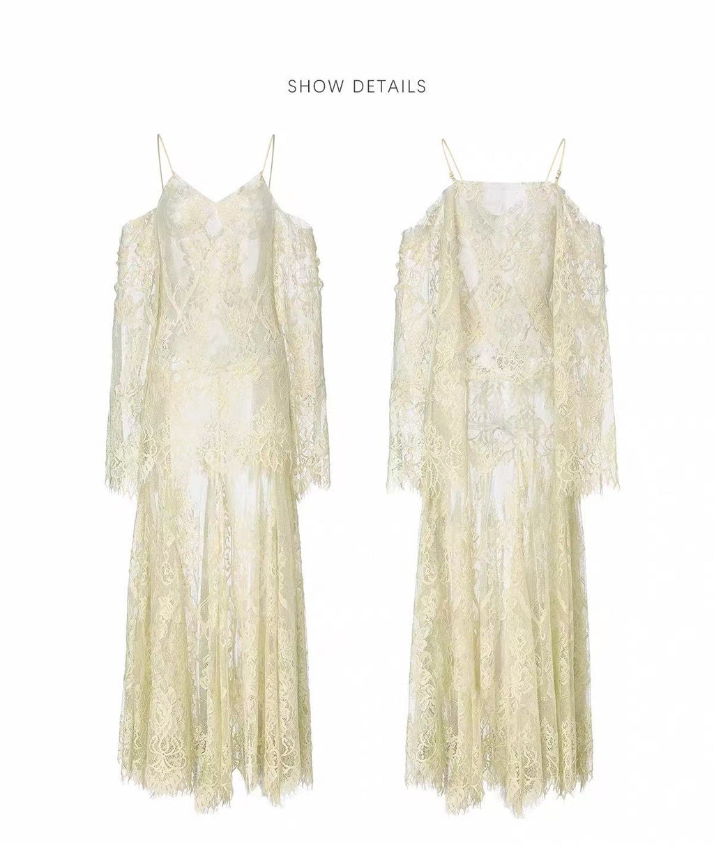 Ivory Lace Maxi Dress with Off-Shoulder Sleeves FREE CAMISOLE INCLUDED