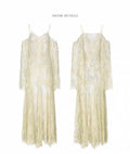 Ivory Lace Maxi Dress with Off-Shoulder Sleeves FREE CAMISOLE INCLUDED