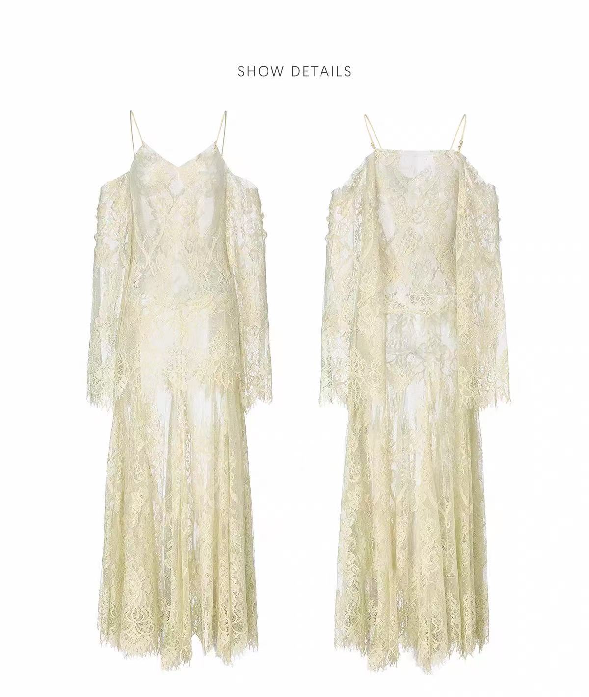 Ivory Lace Maxi Dress with Off-Shoulder Sleeves FREE CAMISOLE INCLUDED