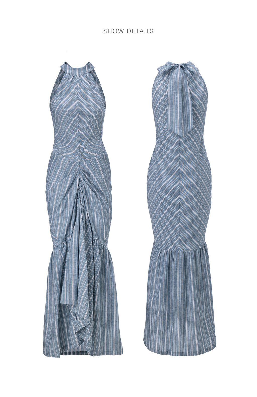 Blue Stripe Halter Neck Ruched Maxi Dress