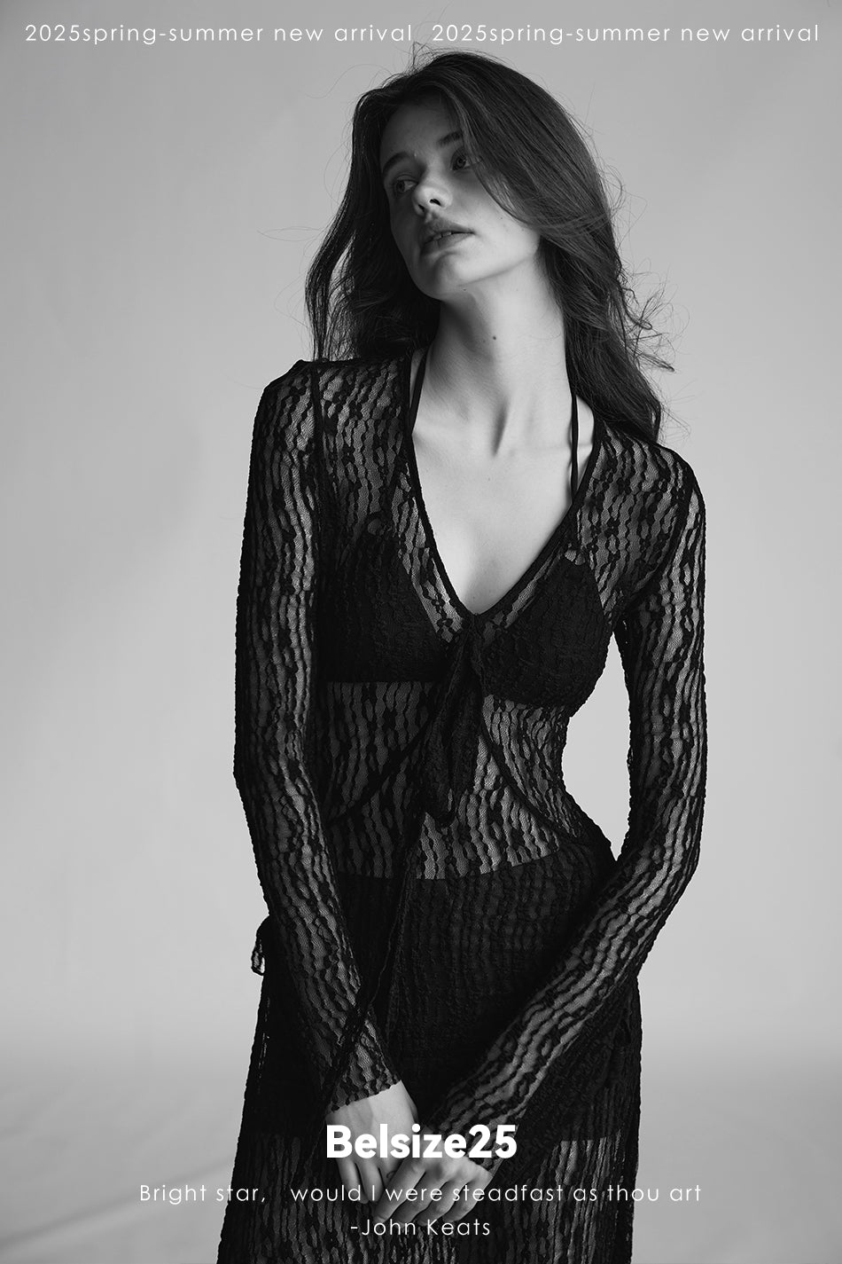 Trumpet dress Flared sleeve knit lace sheer tie dress