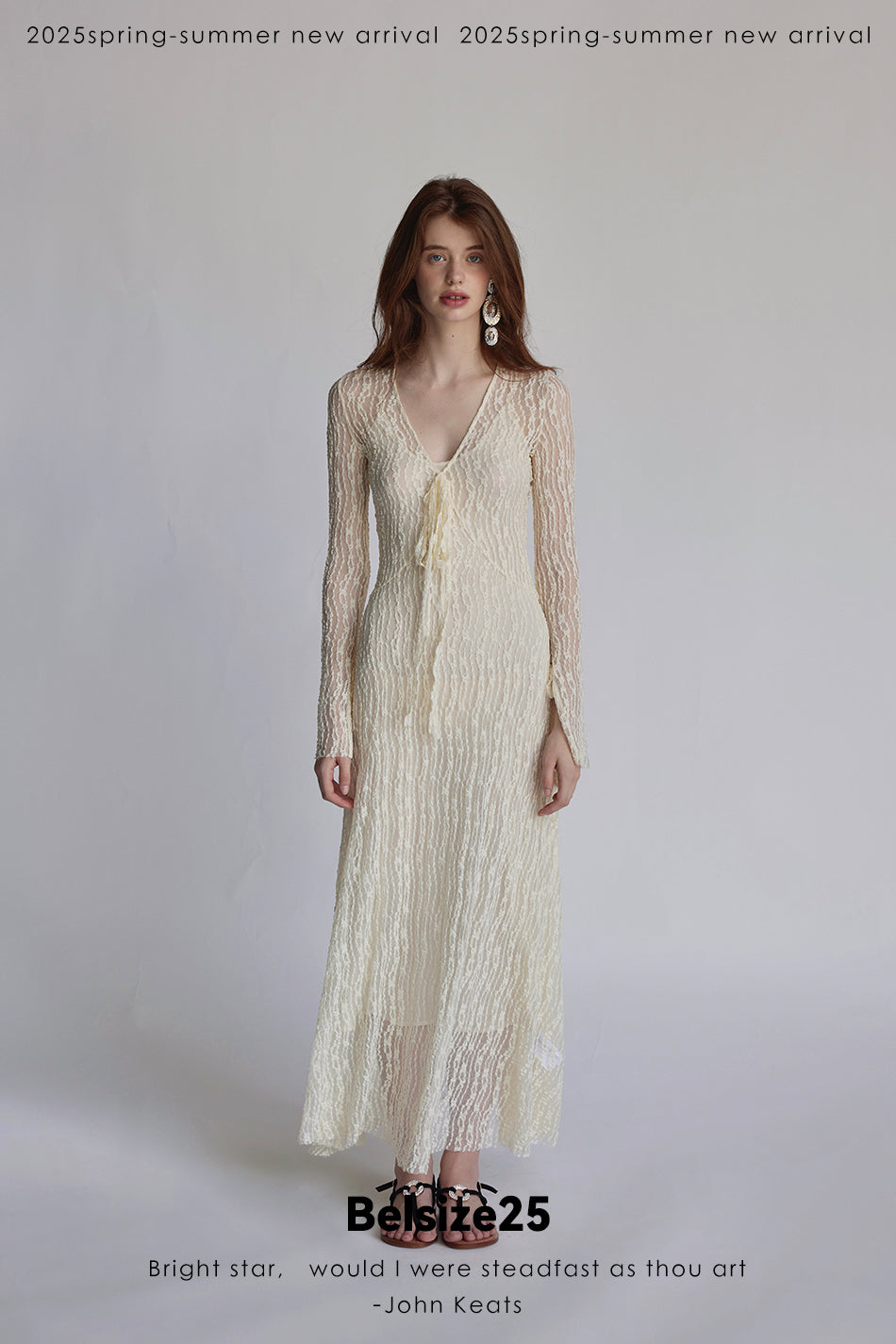 Trumpet dress Flared sleeve knit lace sheer tie dress