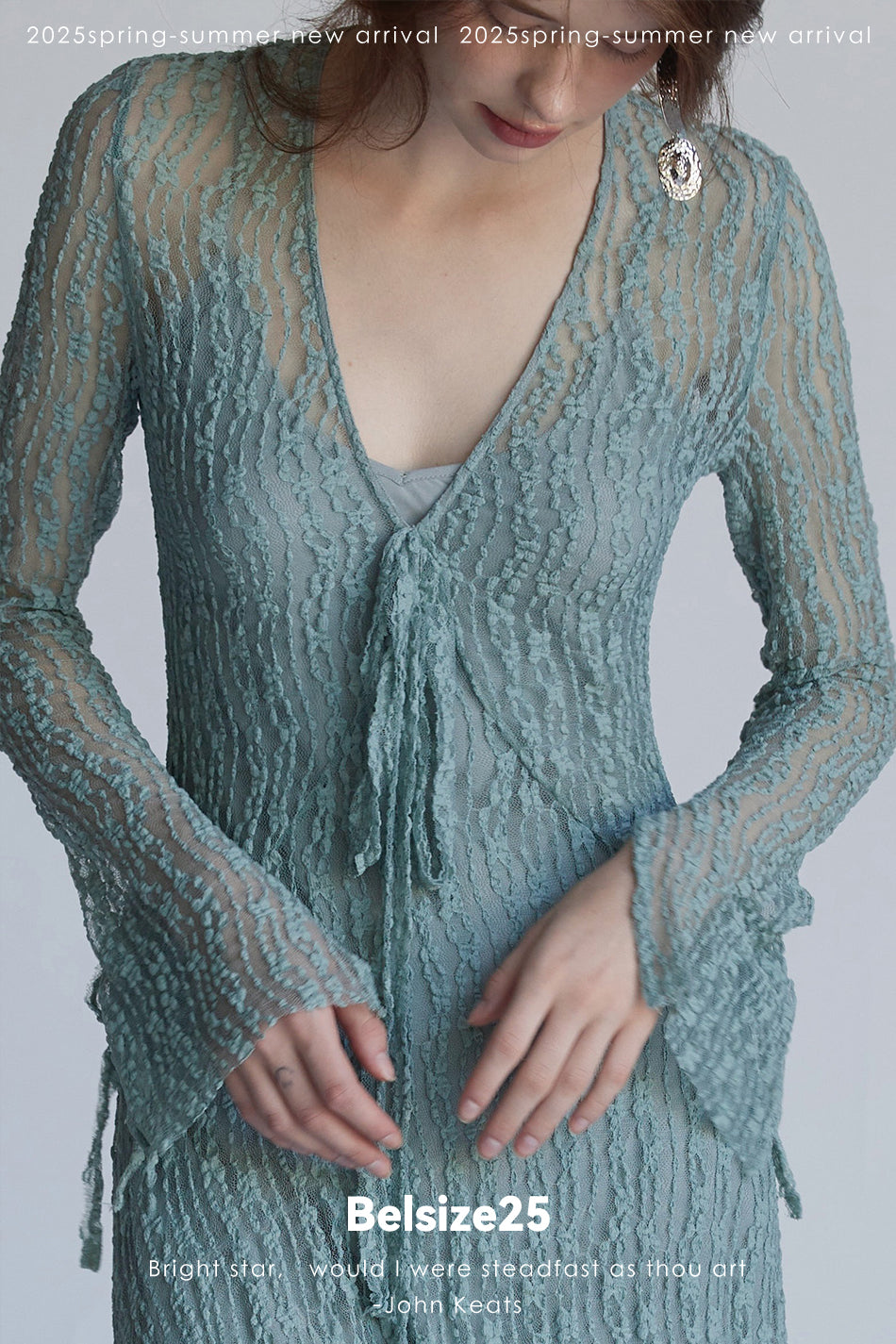 Trumpet dress Flared sleeve knit lace sheer tie dress