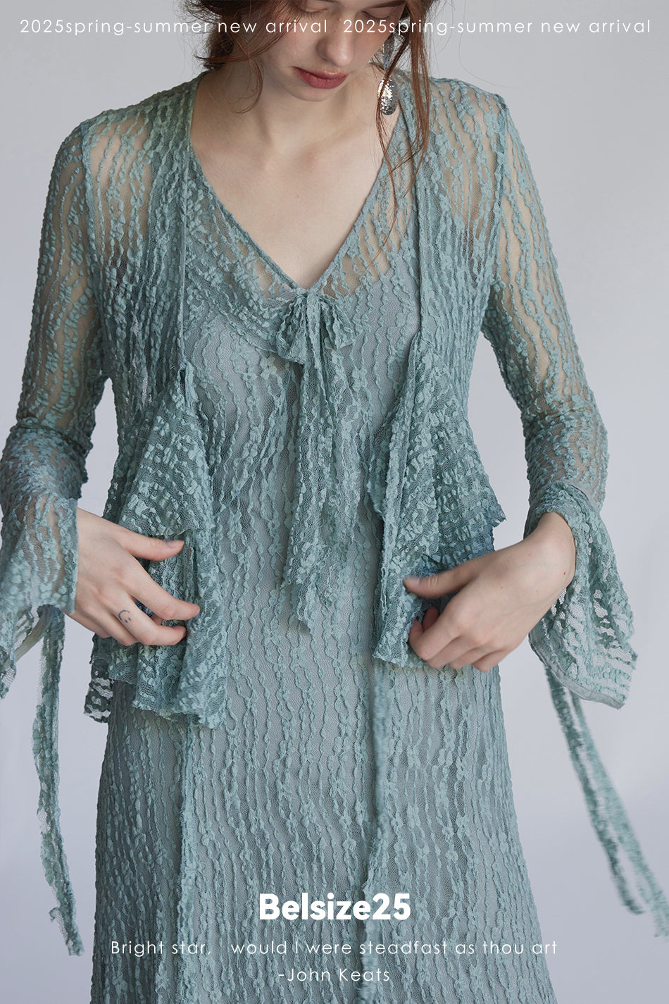 Trumpet dress Flared sleeve knit lace sheer tie dress