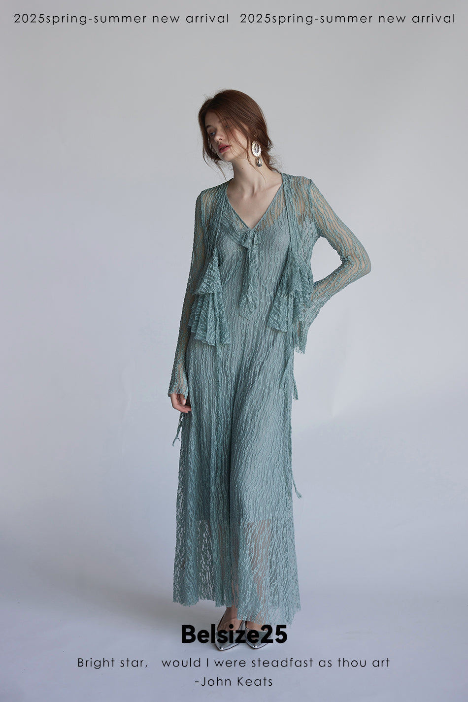 Trumpet dress Flared sleeve knit lace sheer tie dress