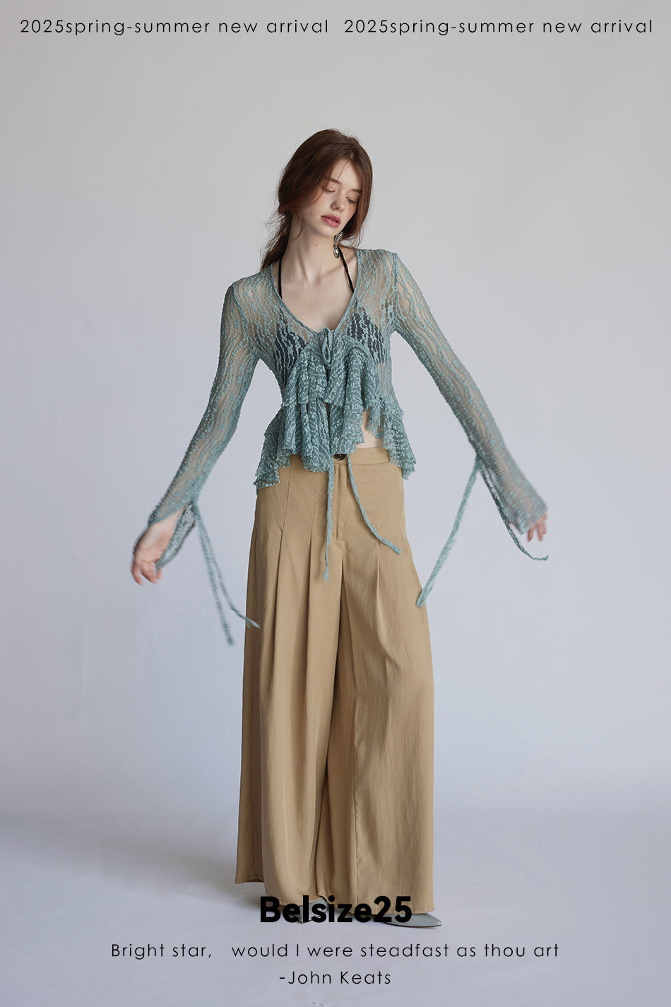 Trumpet dress Flared sleeve knit lace sheer tie dress