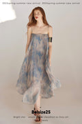 Lumen Printing Airy Blue Double-layered hem silk exclusive print resort dress