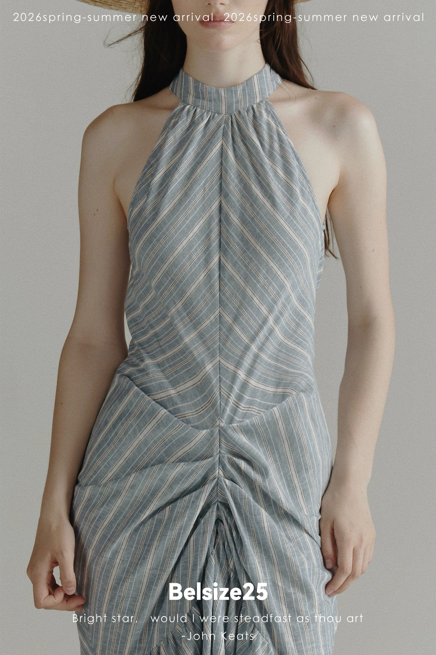 Blue Stripe Halter Neck Ruched Maxi Dress