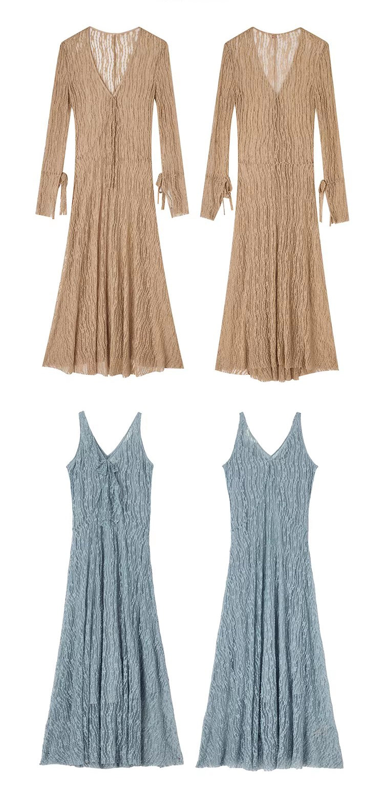 Trumpet dress Flared sleeve knit lace sheer tie dress