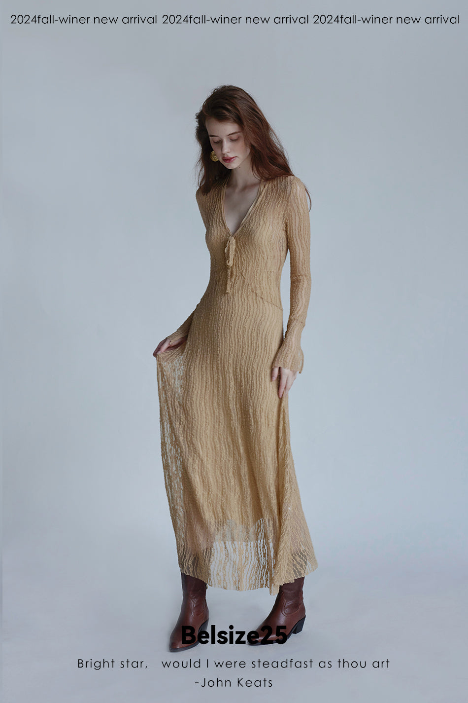 Trumpet dress Flared sleeve knit lace sheer tie dress