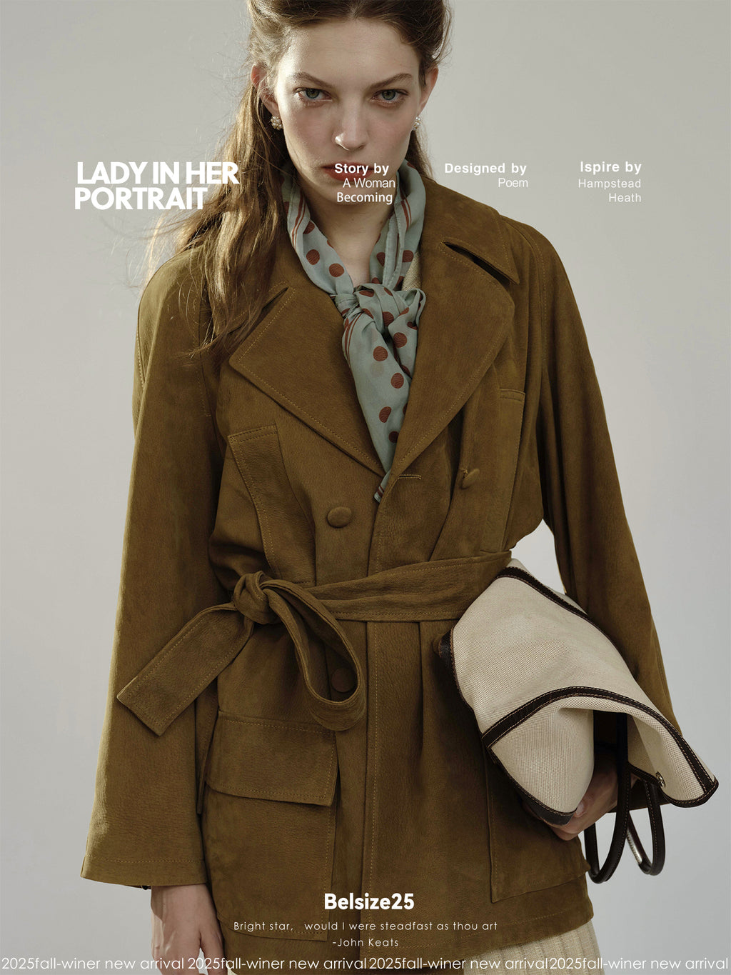 Pure goatskin hunting belted coat, pine cone green with a large lapel, soft and delicate texture.