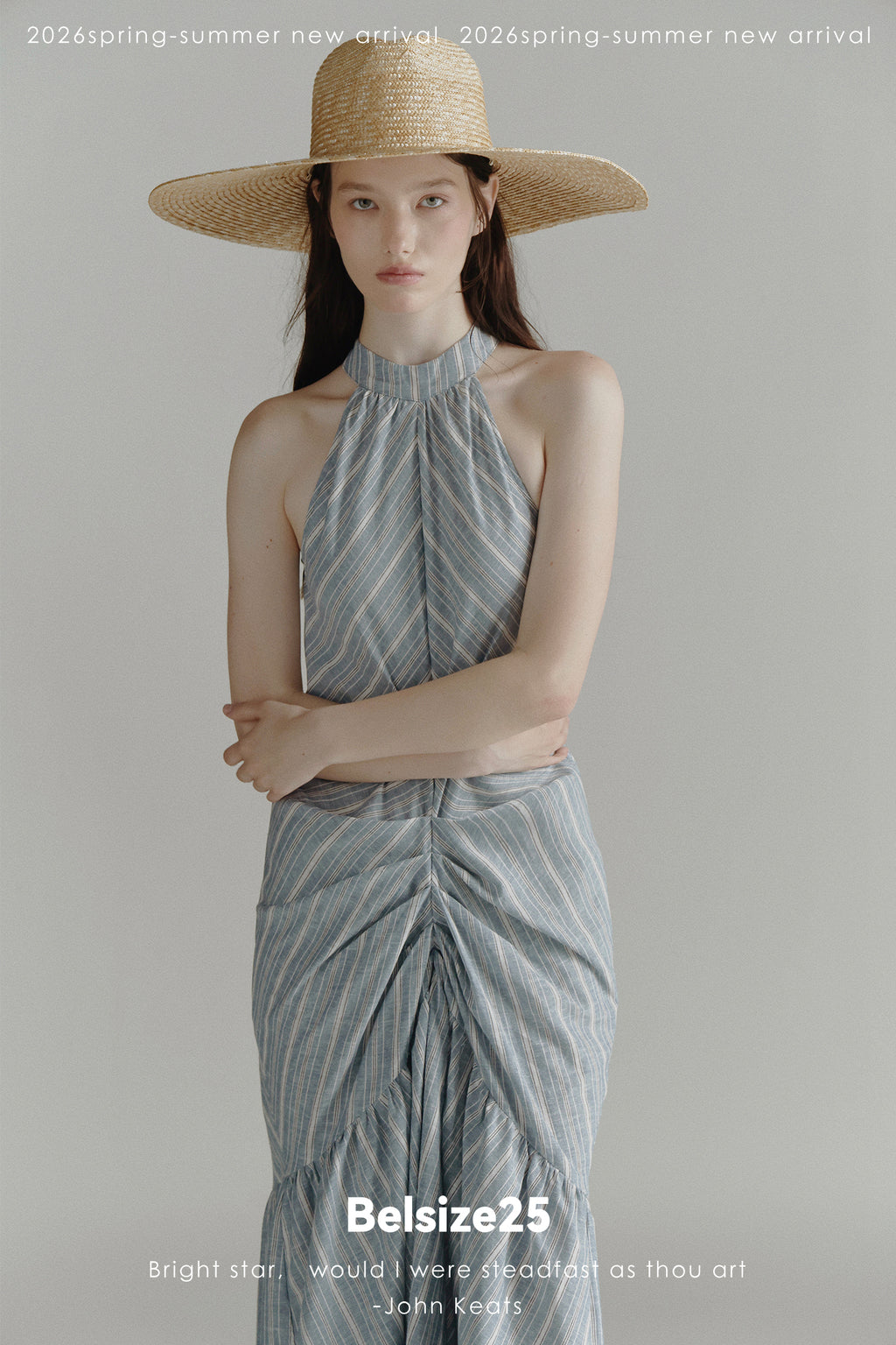 Blue Stripe Halter Neck Ruched Maxi Dress