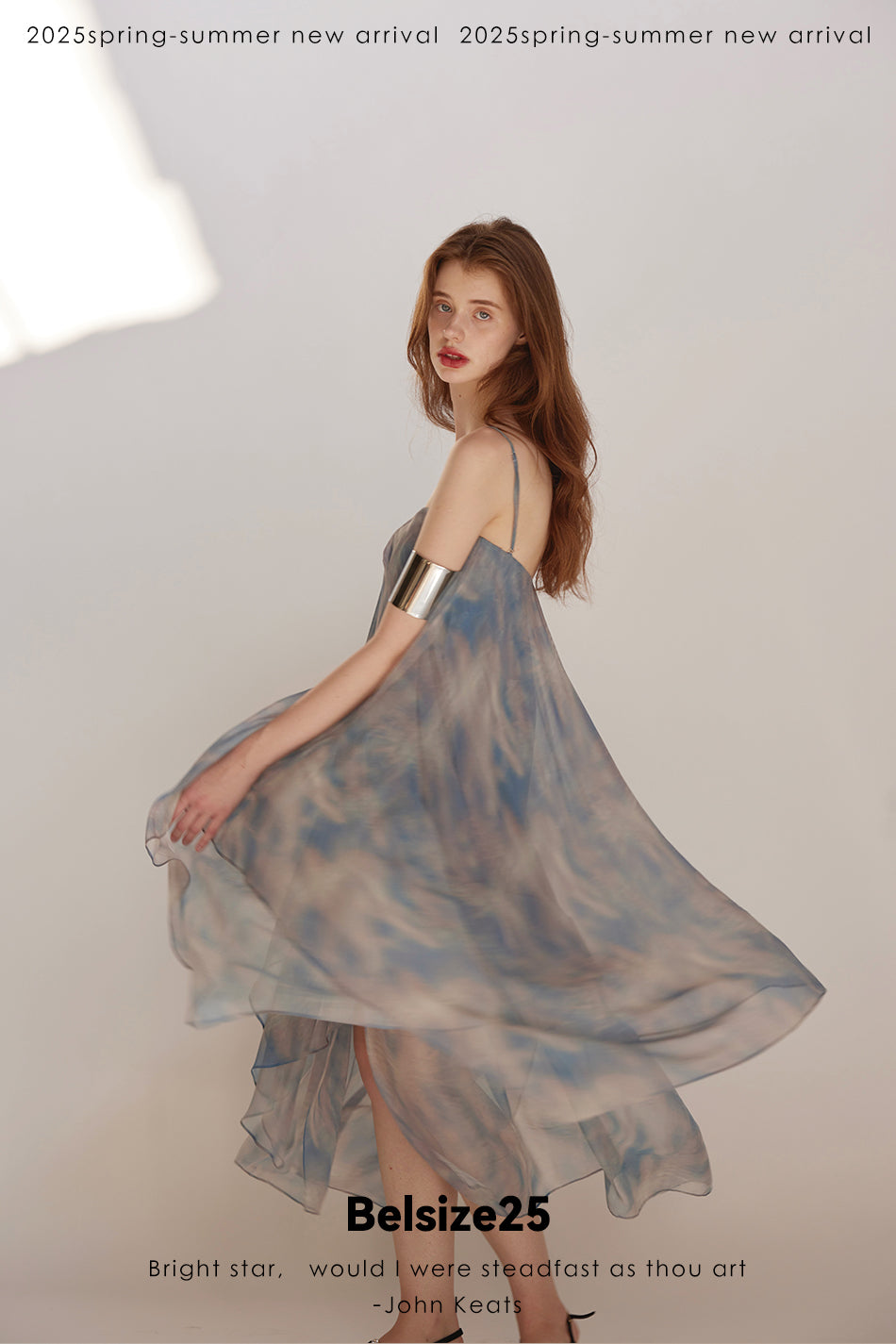 Lumen Printing Airy Blue Double-layered hem silk exclusive print resort dress