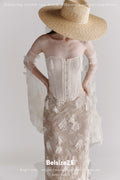 Floral Lace Corset & Sheer Midi Skirt Set with Detachable Sleeves