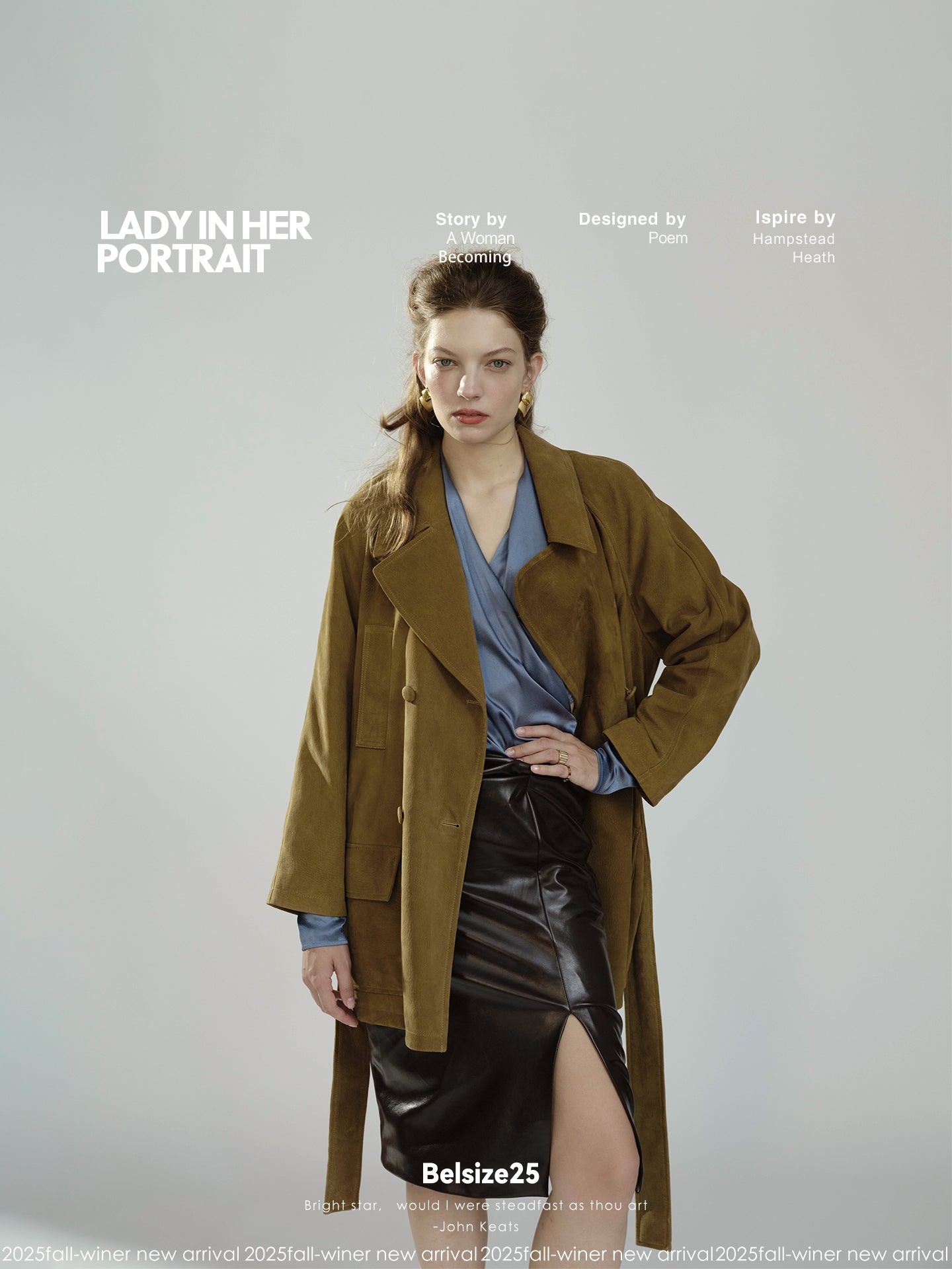 Pure goatskin hunting belted coat, pine cone green with a large lapel, soft and delicate texture.