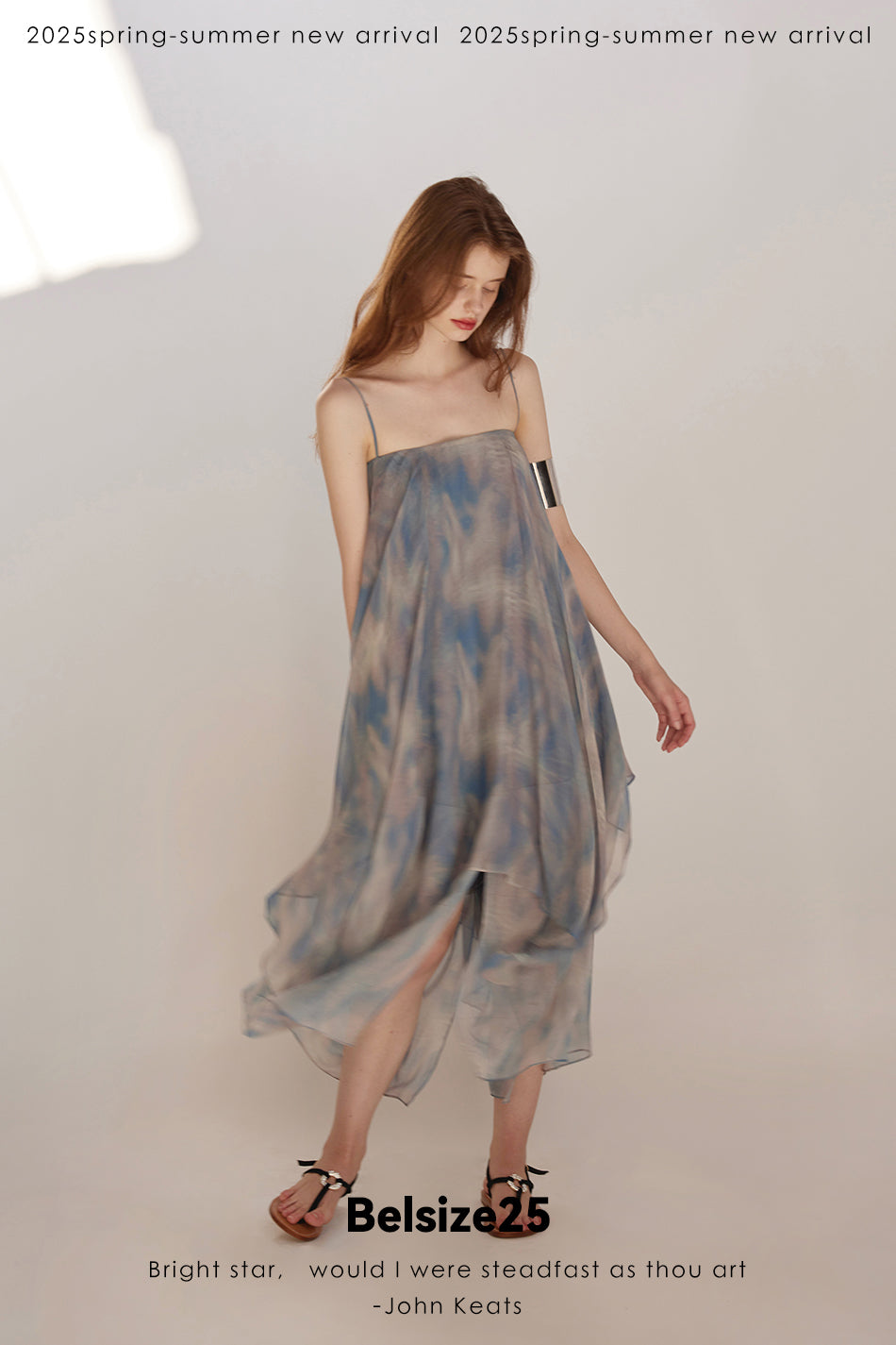 Lumen Printing Airy Blue Double-layered hem silk exclusive print resort dress