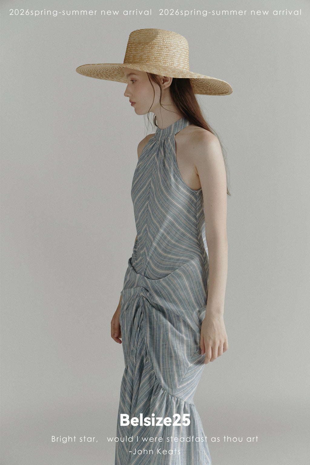 Blue Stripe Halter Neck Ruched Maxi Dress