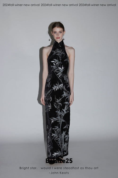 Bamboo dress New Chinese style backless cheongsam dress with bamboo leaf bead embroidery