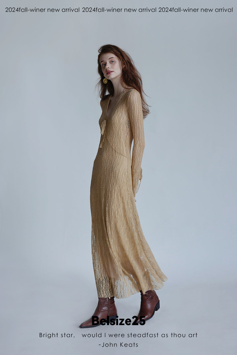 Trumpet dress Flared sleeve knit lace sheer tie dress