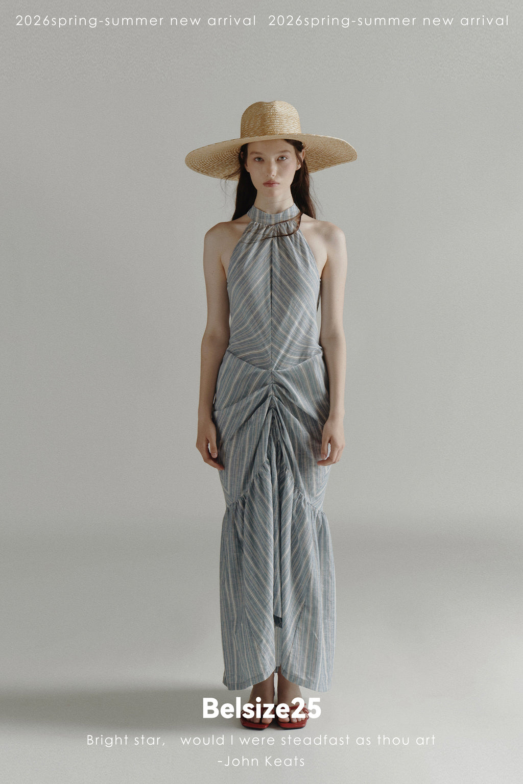 Blue Stripe Halter Neck Ruched Maxi Dress