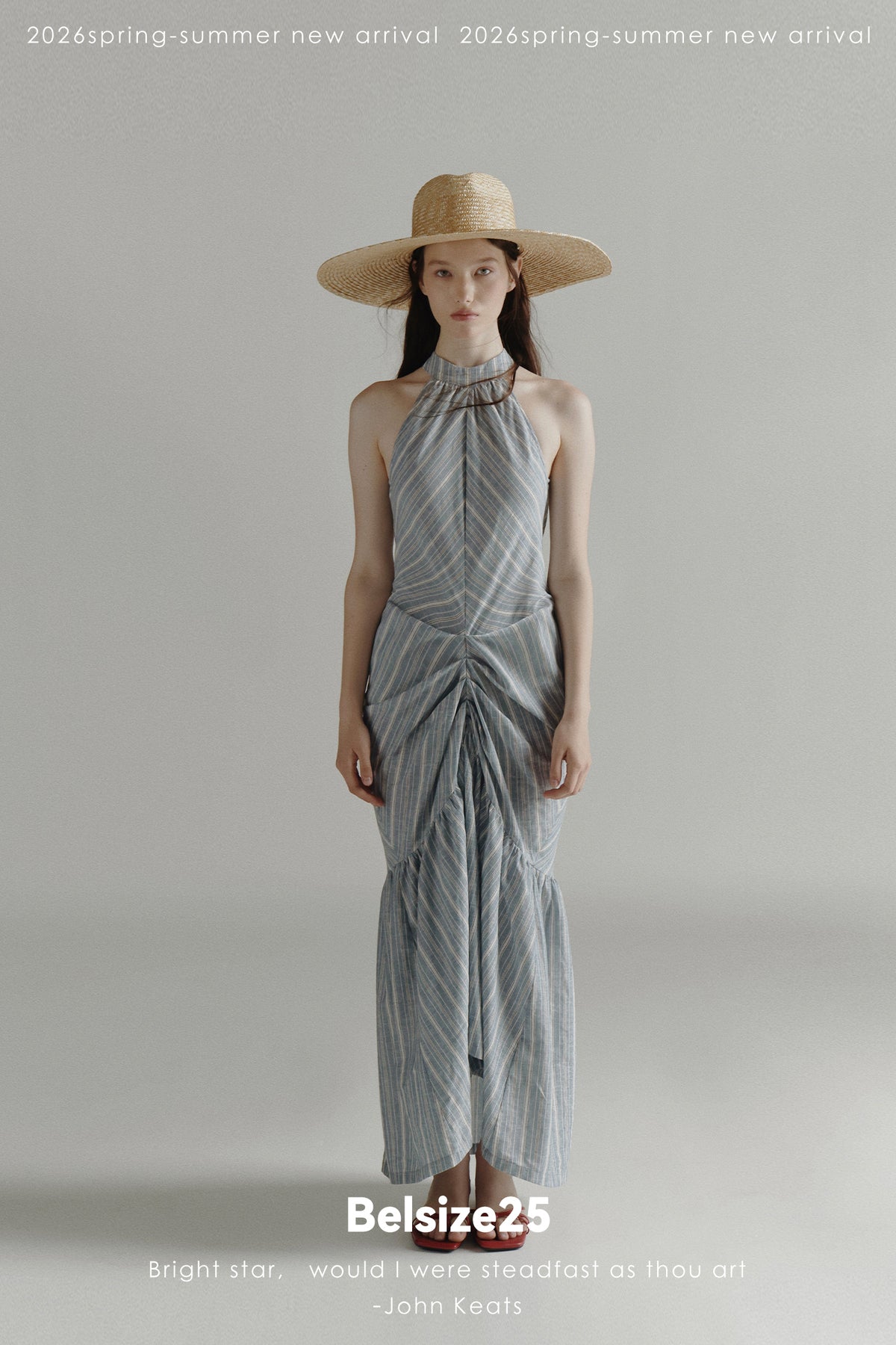 Blue Stripe Halter Neck Ruched Maxi Dress