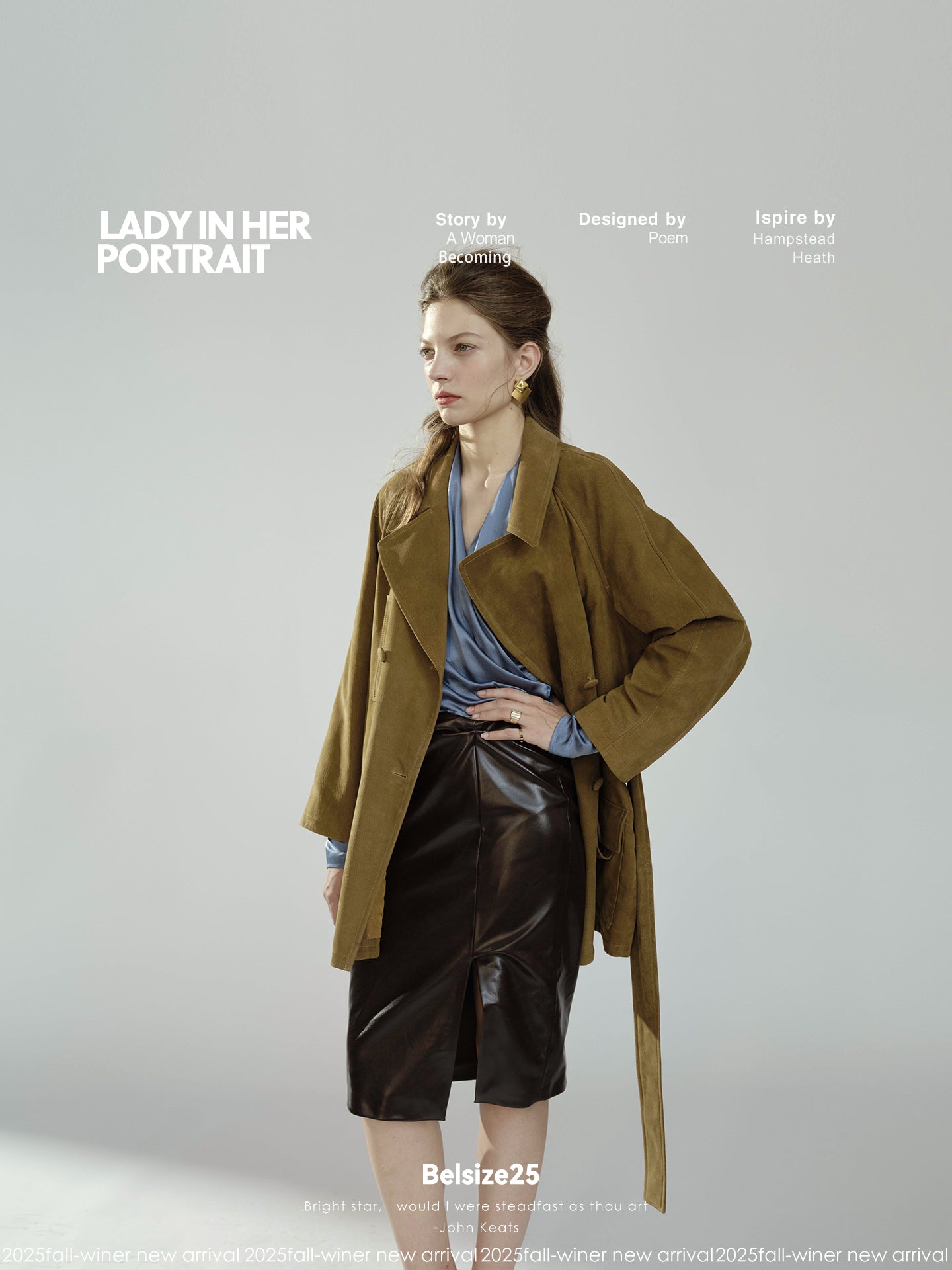 Pure goatskin hunting belted coat, pine cone green with a large lapel, soft and delicate texture.