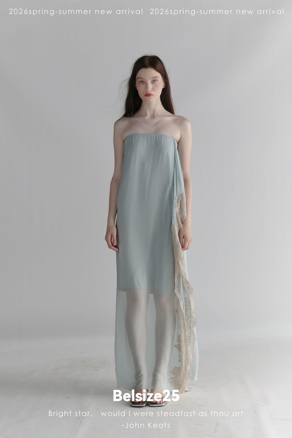 Moonlight Dress – Misty Blue Asymmetric Lace Trim Bandeau Dress with Ribbon Detail