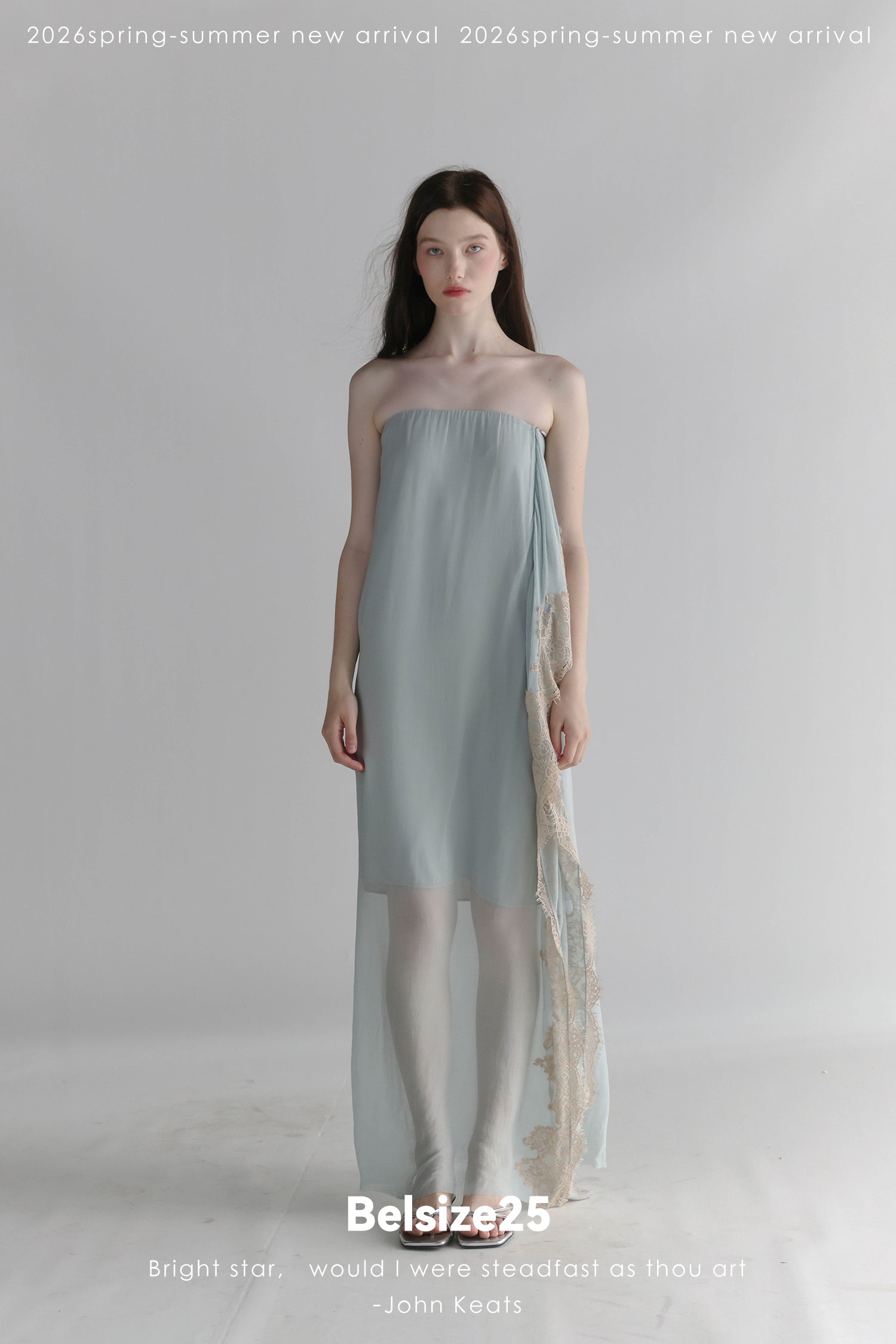 Moonlight Dress – Misty Blue Asymmetric Lace Trim Bandeau Dress with Ribbon Detail