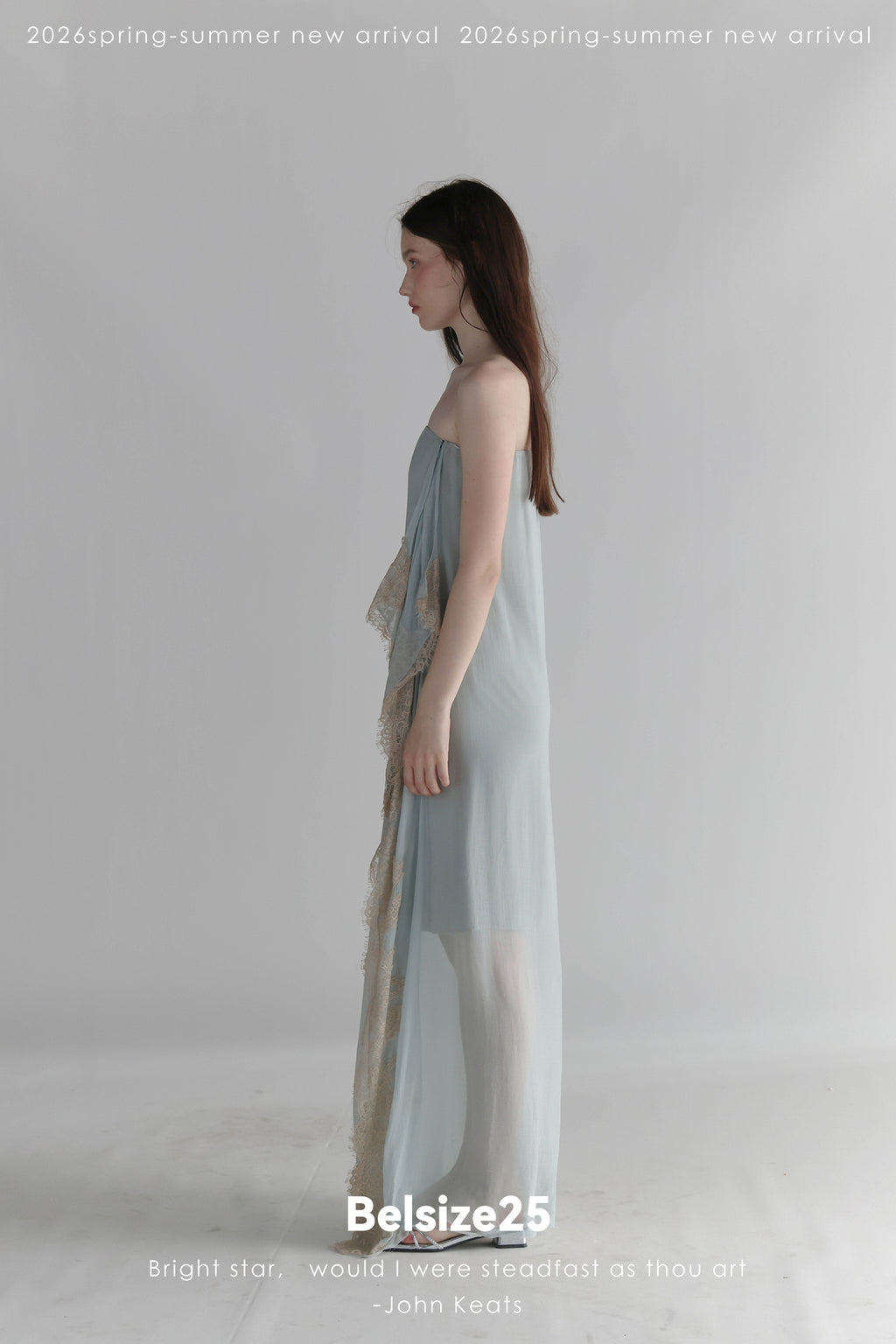 Moonlight Dress – Misty Blue Asymmetric Lace Trim Bandeau Dress with Ribbon Detail