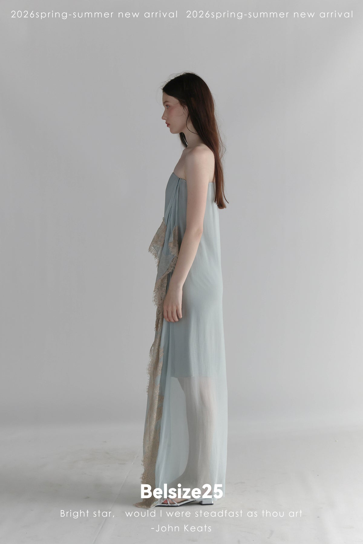 Moonlight Dress – Misty Blue Asymmetric Lace Trim Bandeau Dress with Ribbon Detail