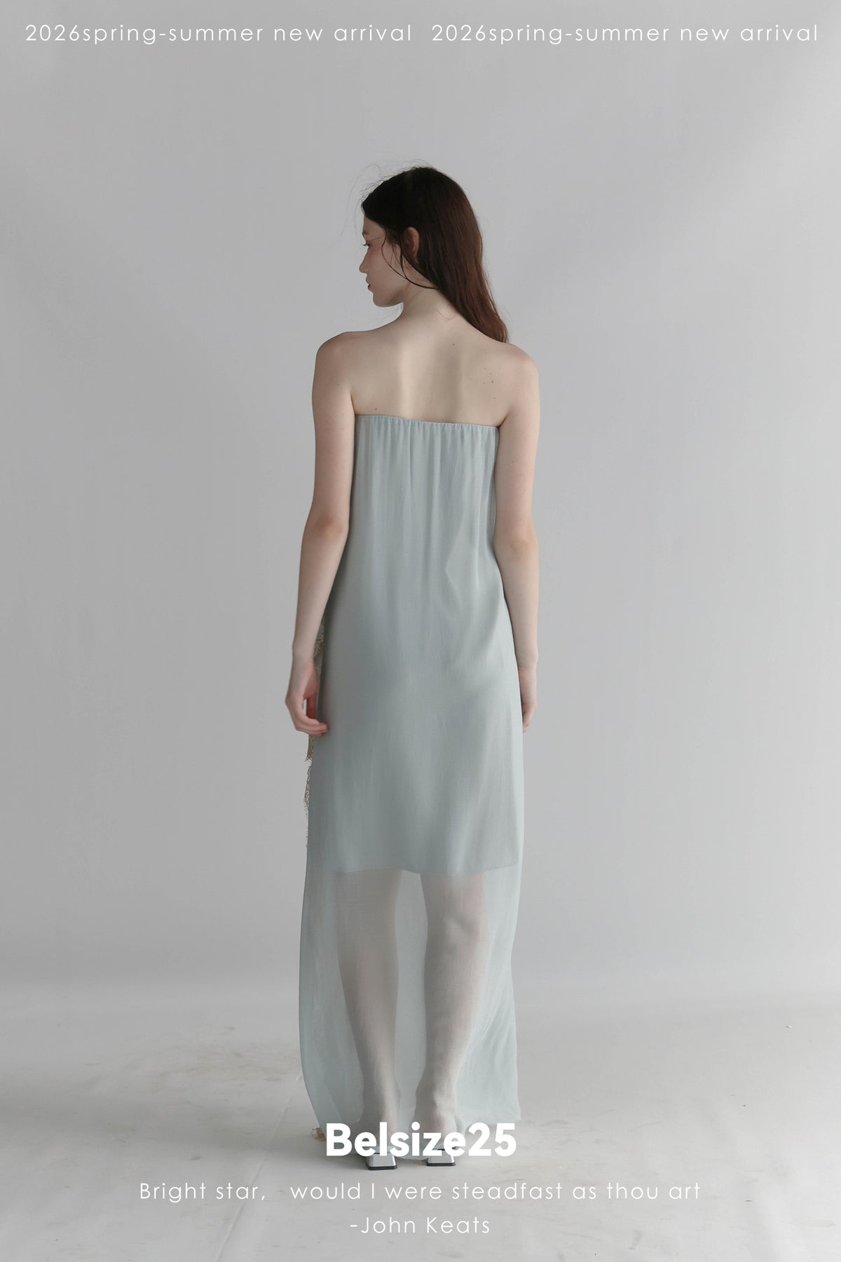 Moonlight Dress – Misty Blue Asymmetric Lace Trim Bandeau Dress with Ribbon Detail