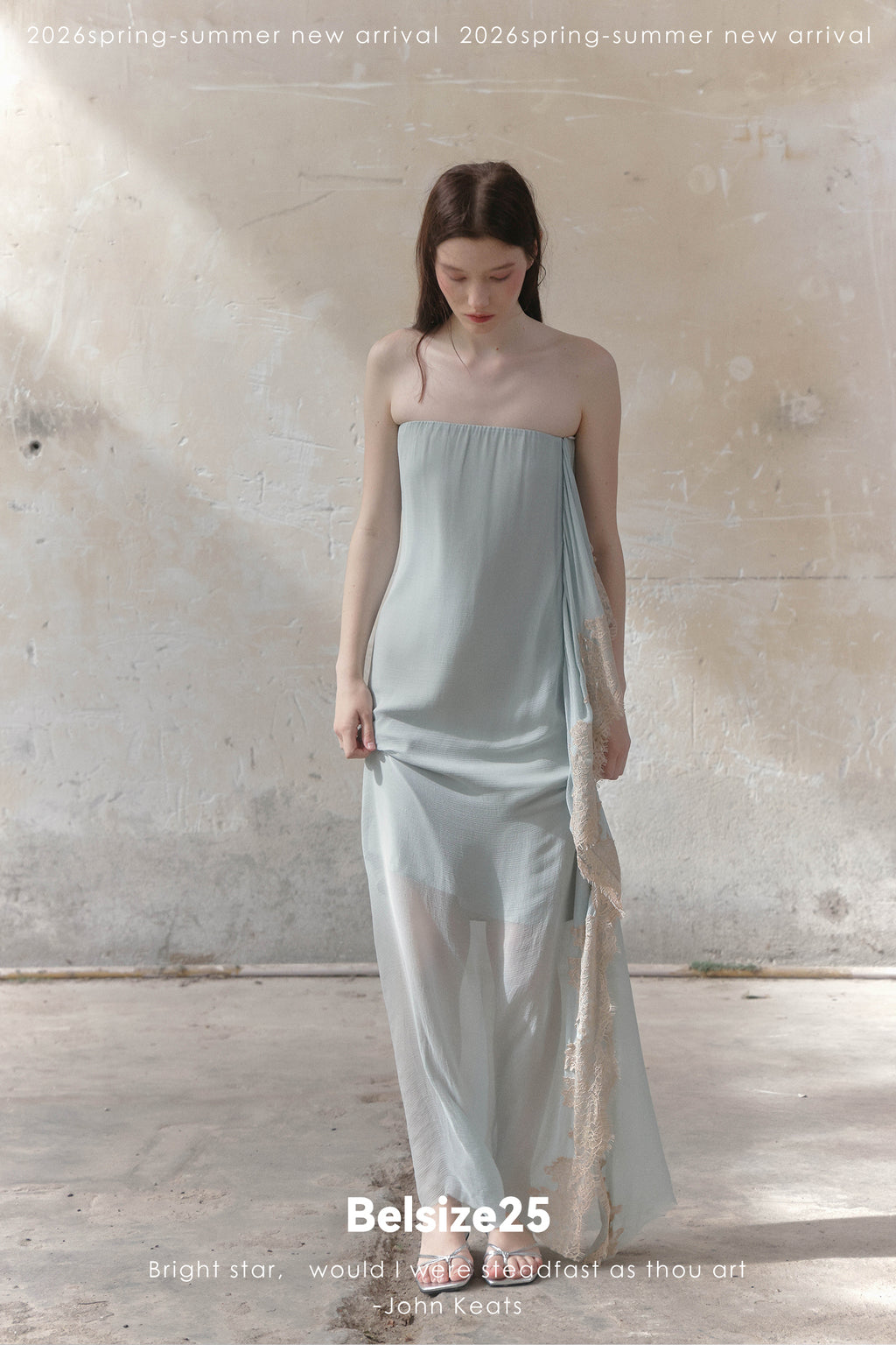 Moonlight Dress – Misty Blue Asymmetric Lace Trim Bandeau Dress with Ribbon Detail