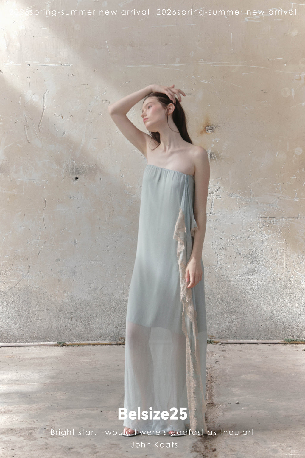 Moonlight Dress – Misty Blue Asymmetric Lace Trim Bandeau Dress with Ribbon Detail