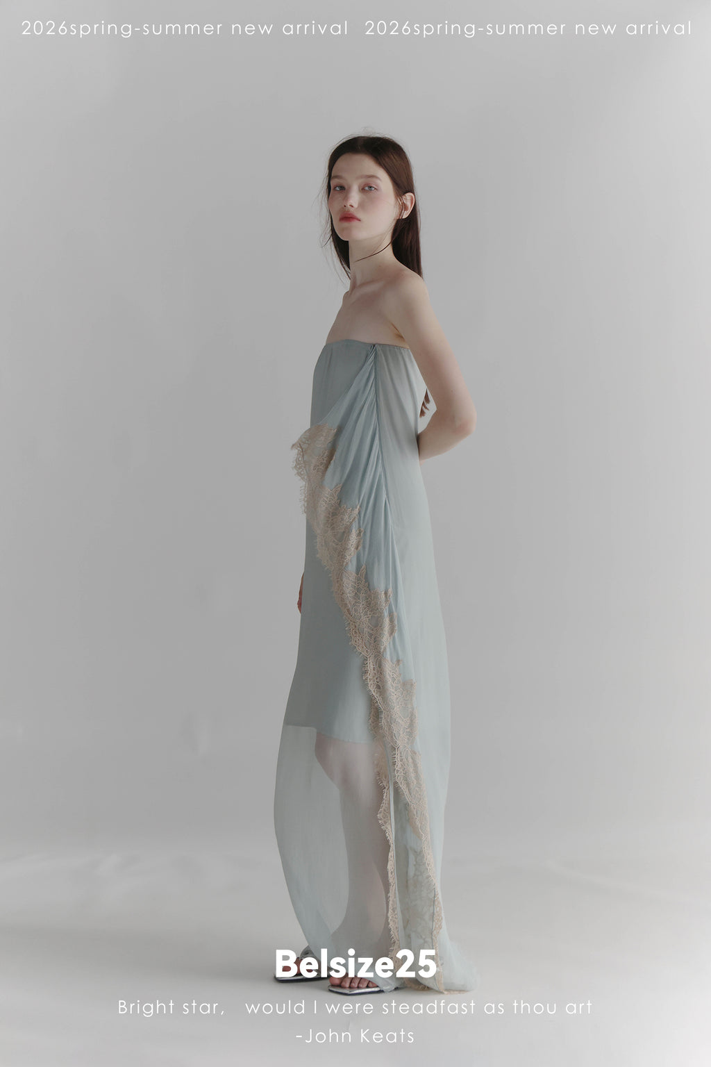 Moonlight Dress – Misty Blue Asymmetric Lace Trim Bandeau Dress with Ribbon Detail