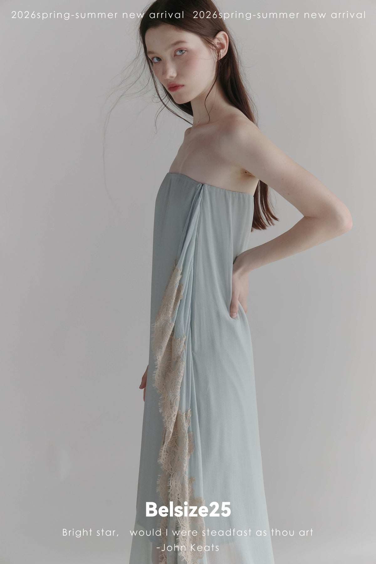 Moonlight Dress – Misty Blue Asymmetric Lace Trim Bandeau Dress with Ribbon Detail