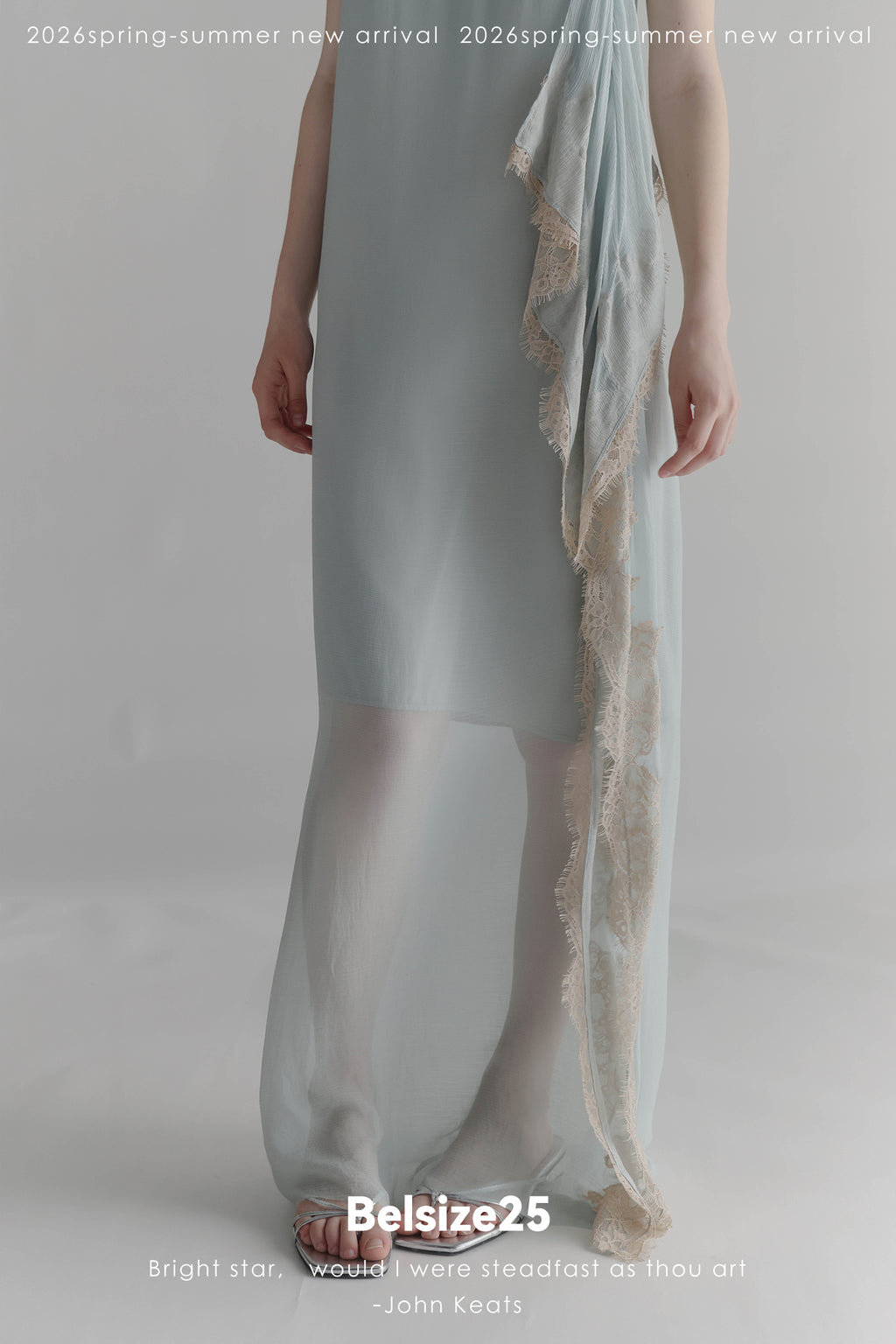 Moonlight Dress – Misty Blue Asymmetric Lace Trim Bandeau Dress with Ribbon Detail