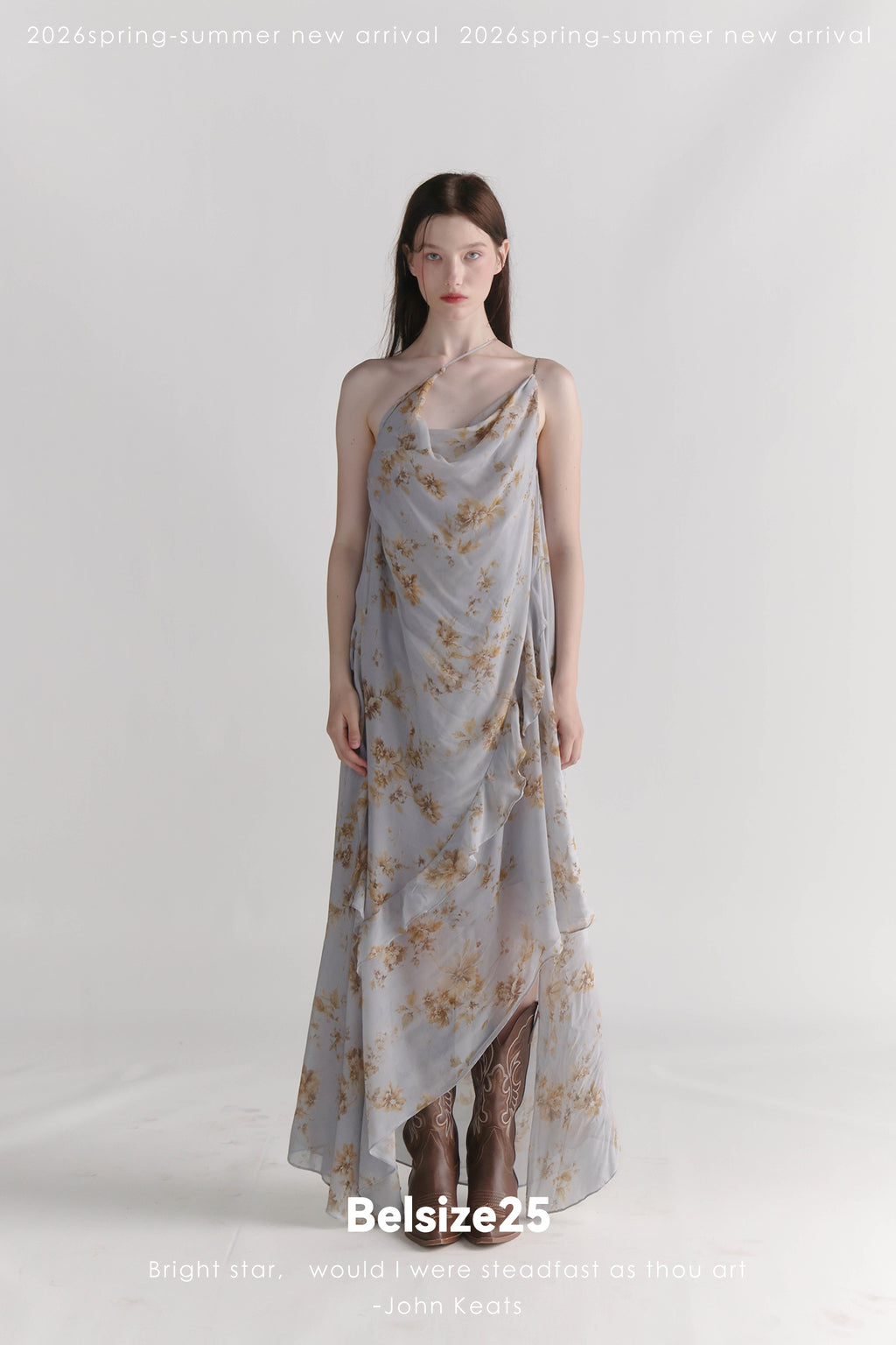 Exclusive Botanical Print Draped Cowl-Neck Halterneck Viscose Maxi Dress