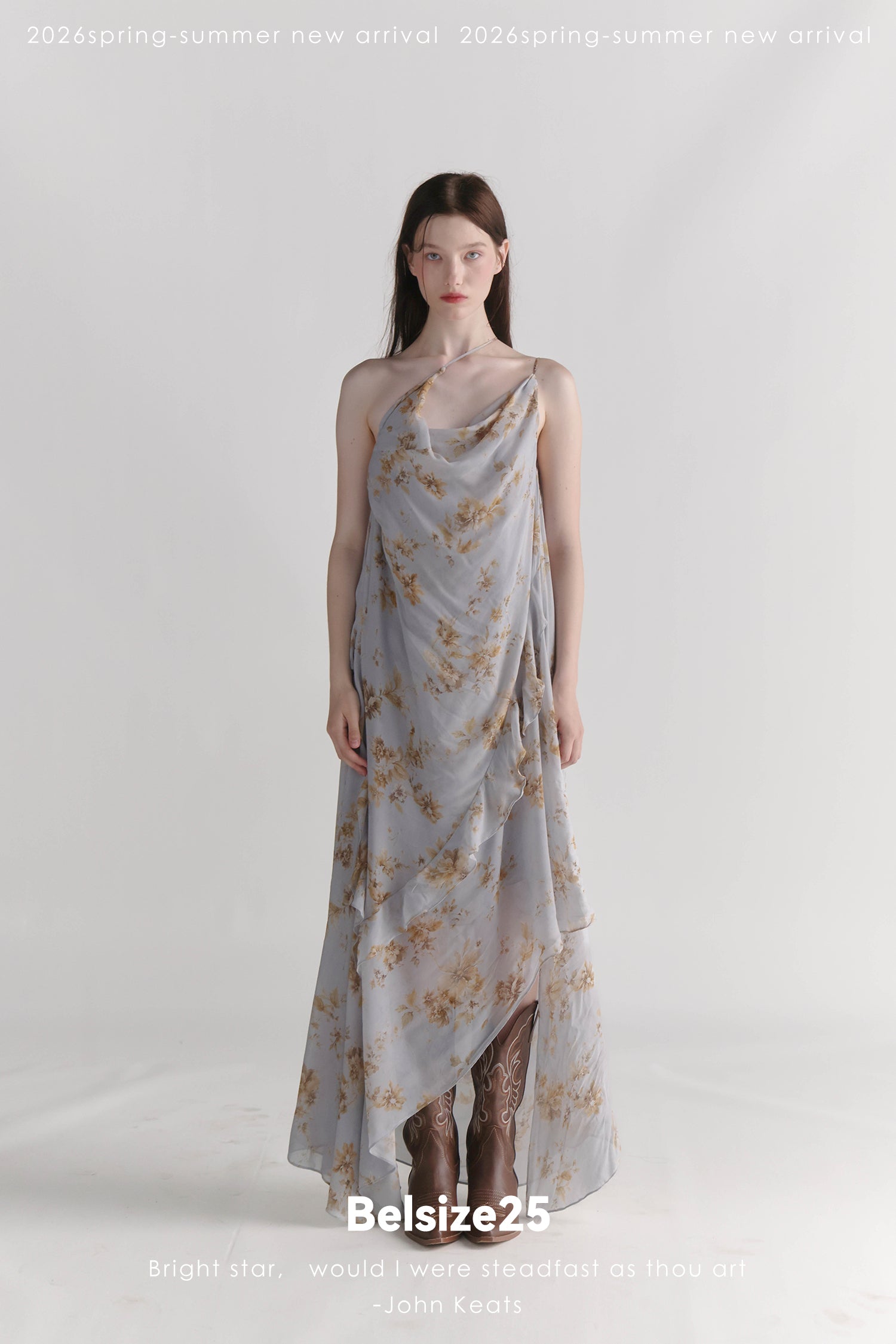 Exclusive Botanical Print Draped Cowl-Neck Halterneck Viscose Maxi Dress
