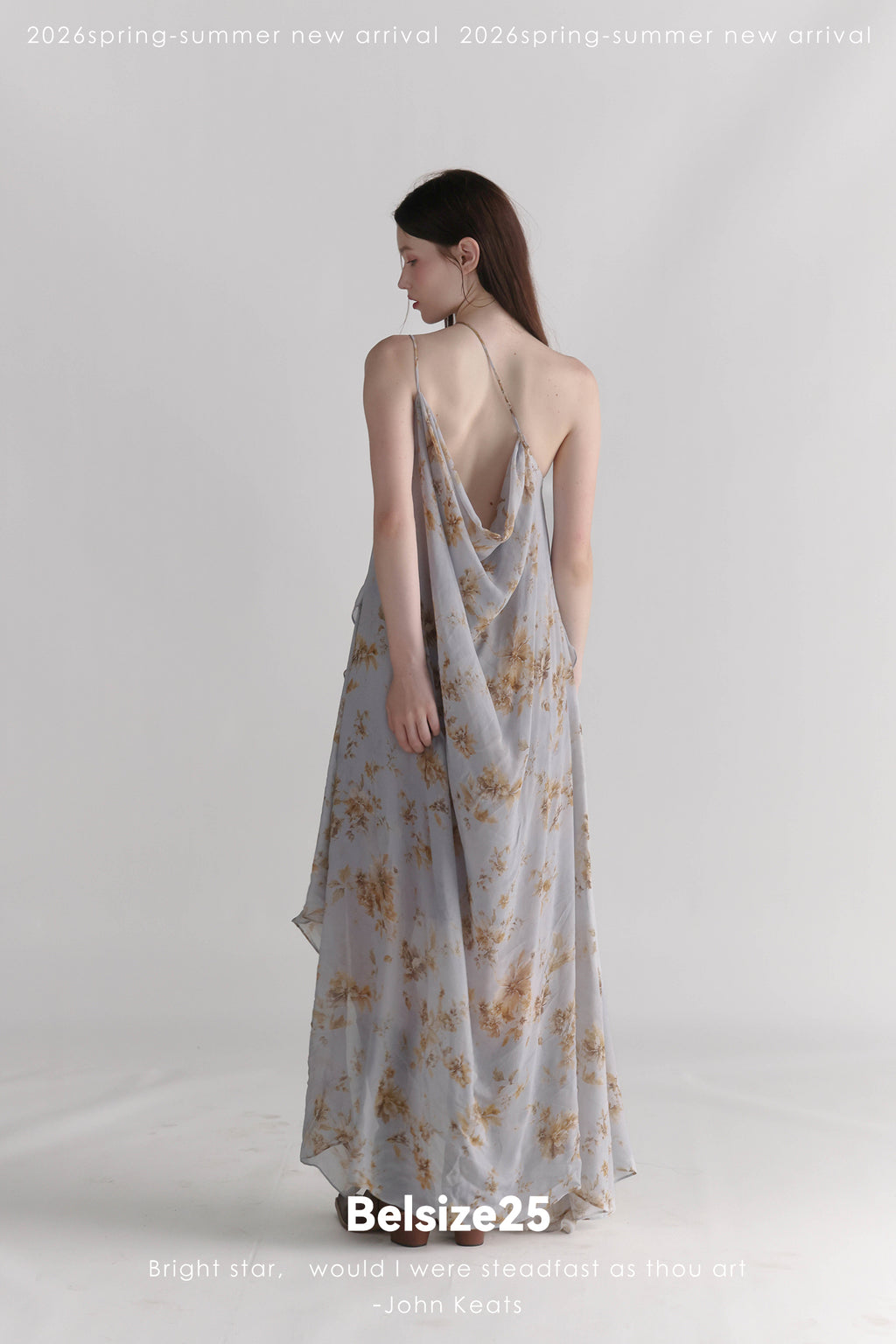 Exclusive Botanical Print Draped Cowl-Neck Halterneck Viscose Maxi Dress