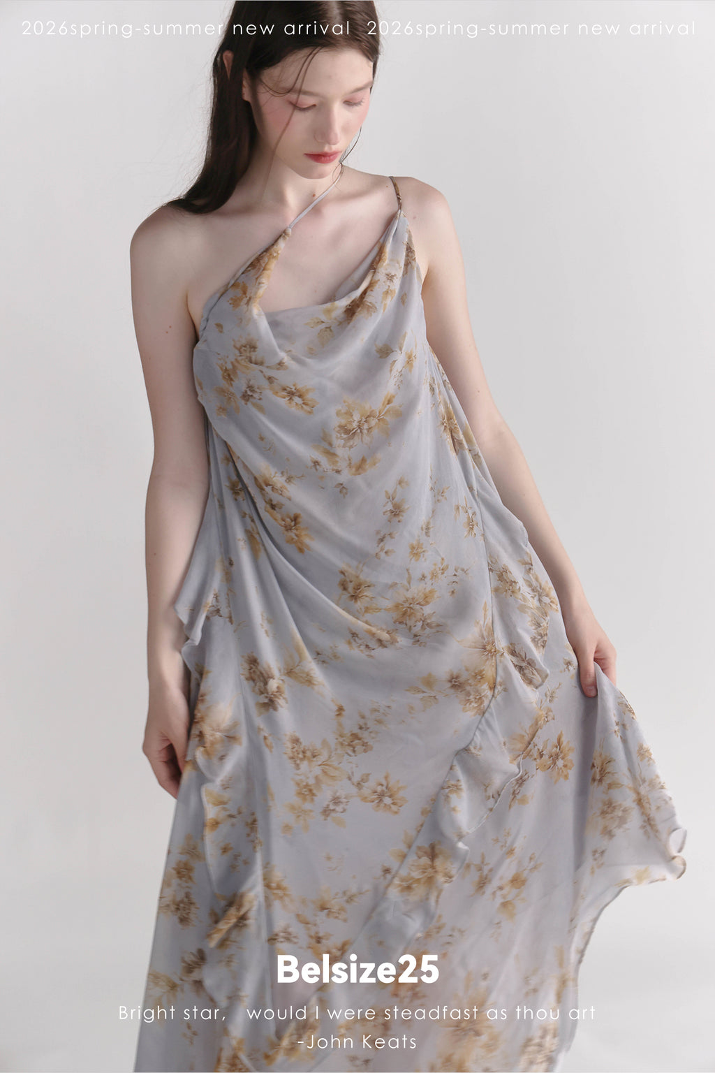 Exclusive Botanical Print Draped Cowl-Neck Halterneck Viscose Maxi Dress