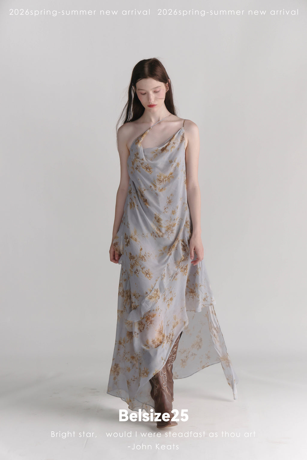 Exclusive Botanical Print Draped Cowl-Neck Halterneck Viscose Maxi Dress