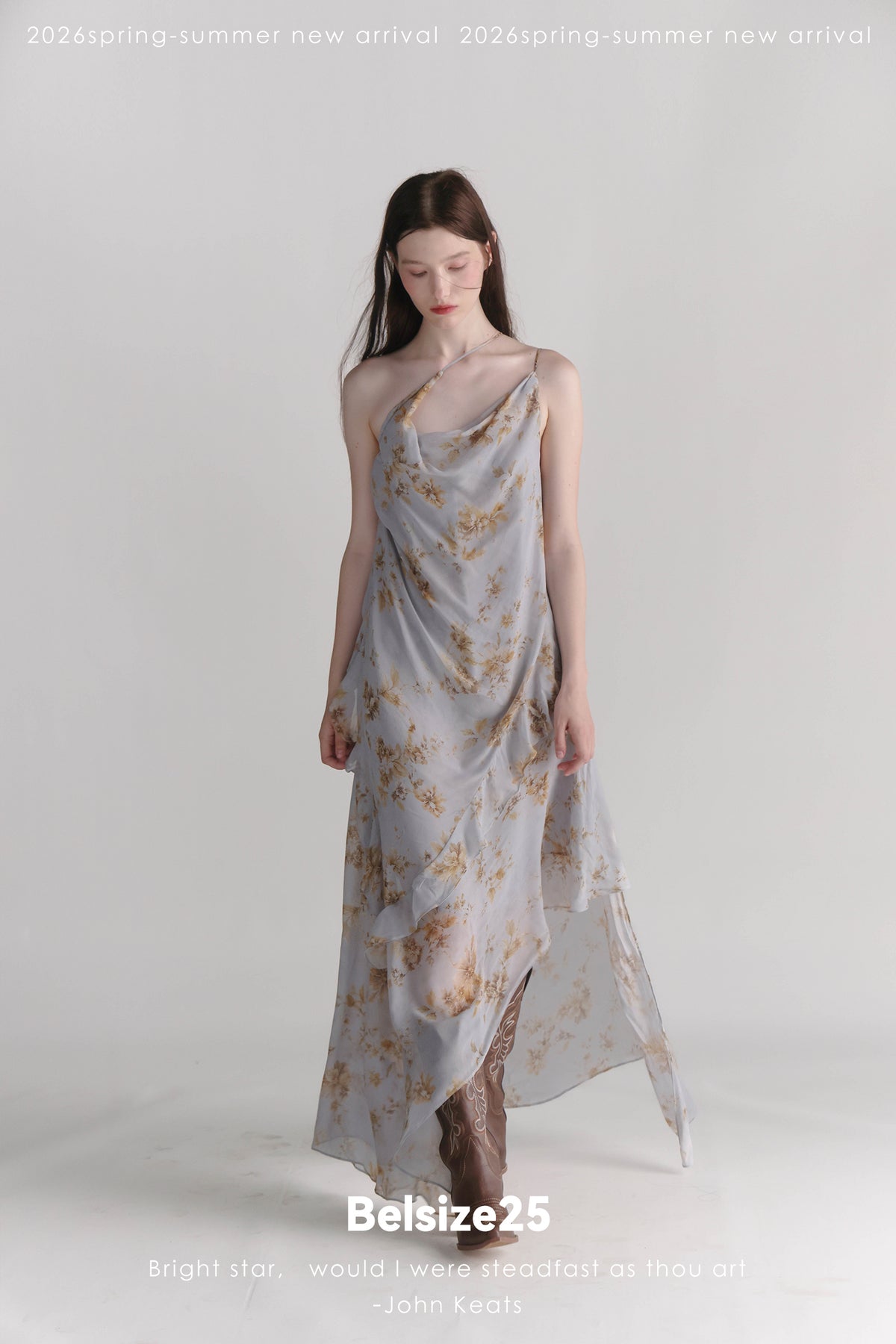 Exclusive Botanical Print Draped Cowl-Neck Halterneck Viscose Maxi Dress