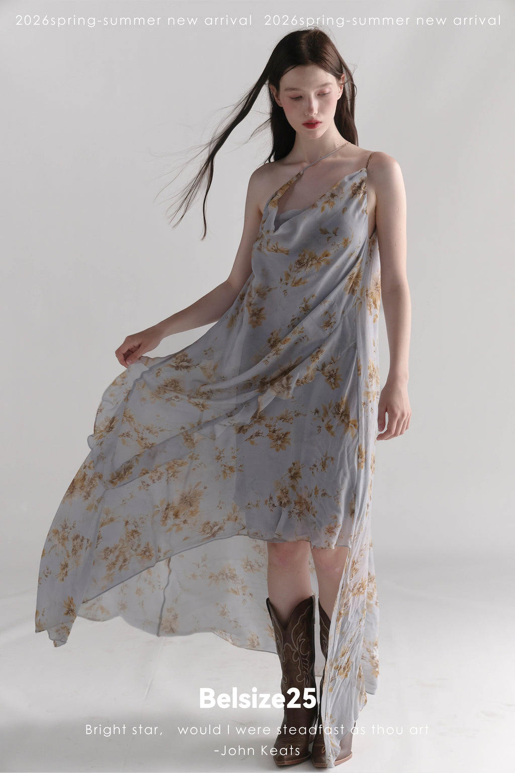 Exclusive Botanical Print Draped Cowl-Neck Halterneck Viscose Maxi Dress