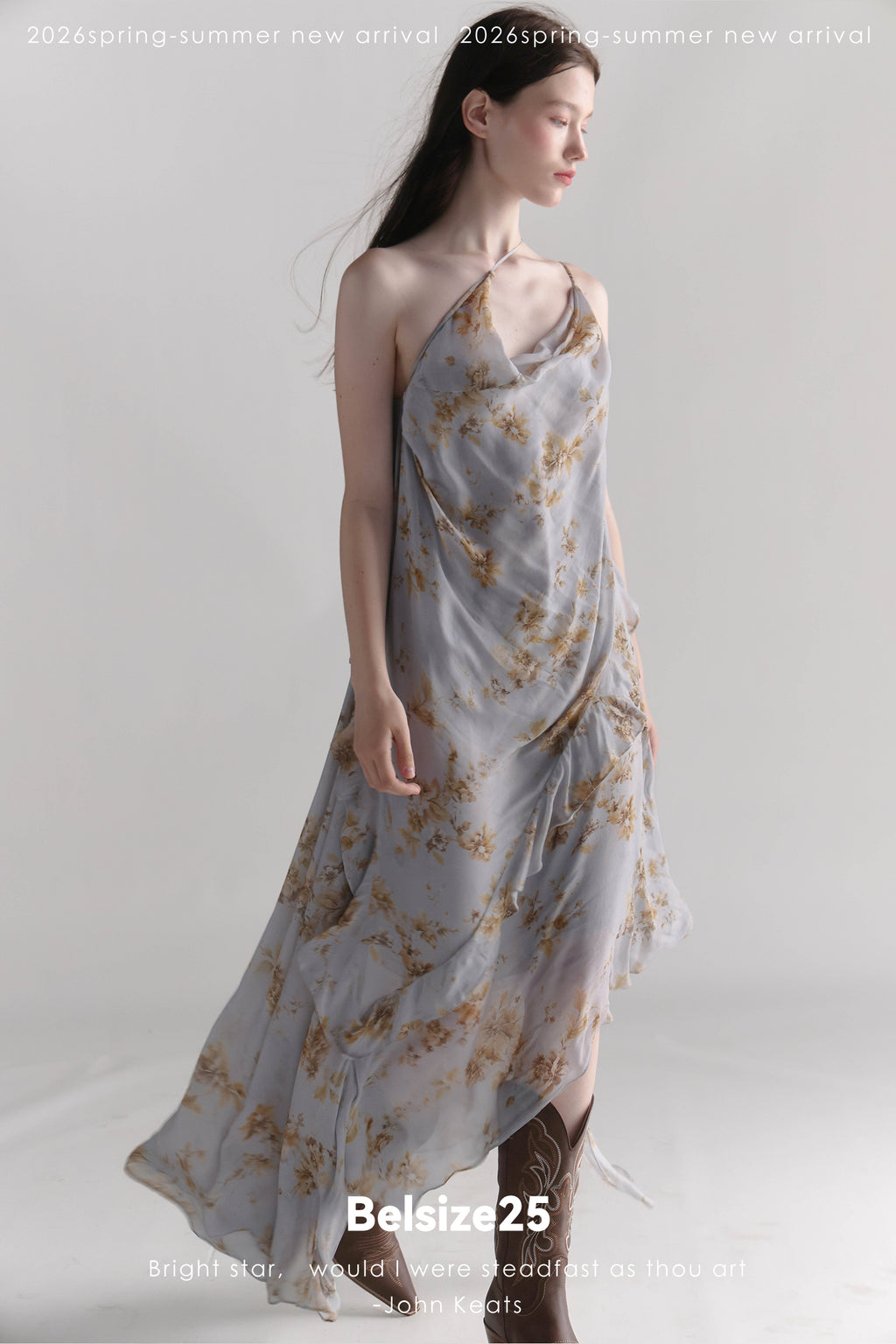 Exclusive Botanical Print Draped Cowl-Neck Halterneck Viscose Maxi Dress