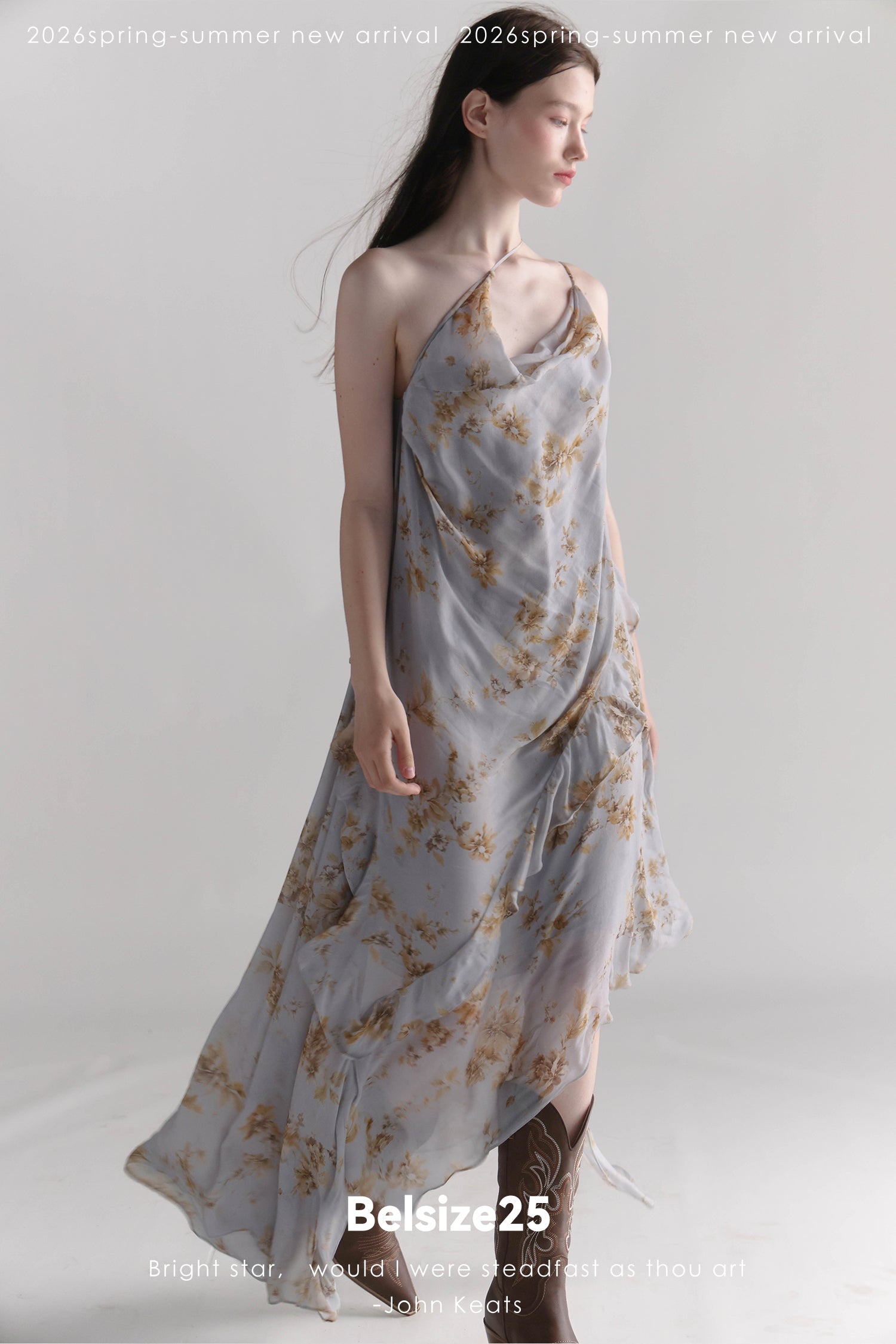 Exclusive Botanical Print Draped Cowl-Neck Halterneck Viscose Maxi Dress