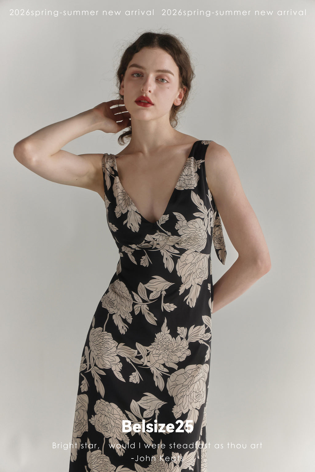 Black & Cream Floral V-Neck Midi Dress