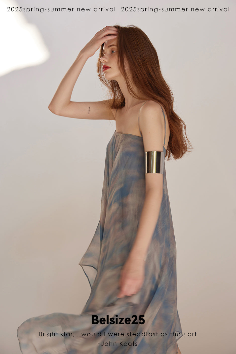 Lumen Printing Airy Blue Double-layered hem silk exclusive print resort dress